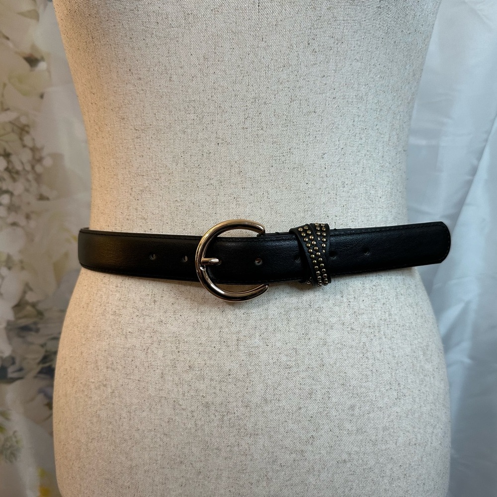 Black Leather Belt with Gold Emblem like new